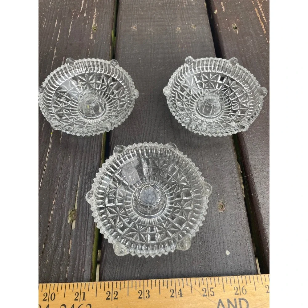 Vintage Clear Pressed Glass Taper Candle Holders Set of 3 Starburst Scalloped